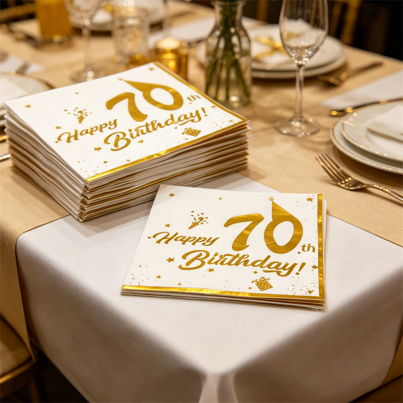 Table Number Gold - 10 個ゴールドハッピー 70 歳の誕生日ナプキン使い捨てペーパーティッシュ 70 歳の誕生日パーティーのお祝いテーブル装飾用品
