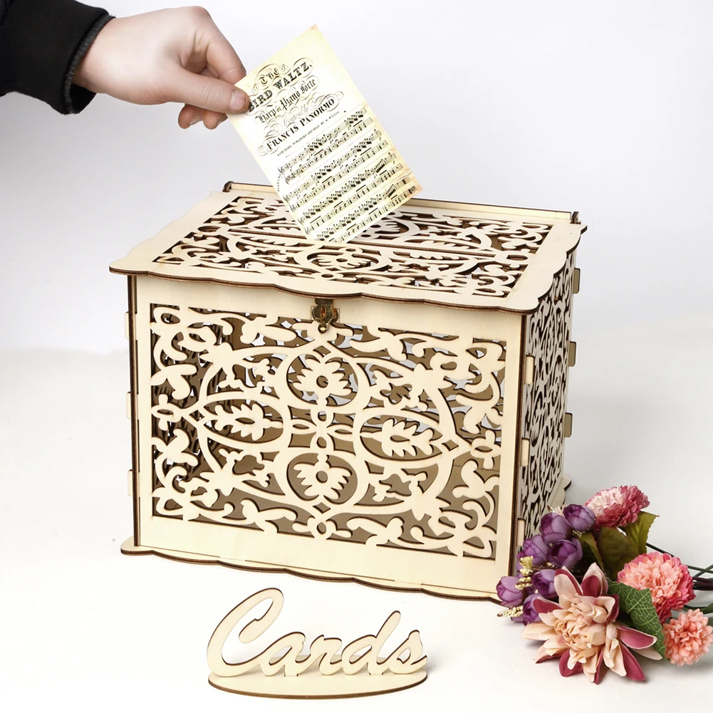 木製の結婚式のカードボックス、封筒のサインカード、花のパター - Wedding Card Box のレビューと価格